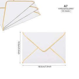 Pack of 50 Invitation Envelopes, White Luxury Envelopes, 18.5 x 13.5 cm, Miniature Envelopes, 5 x 7 Inch Envelopes with V-Flap, Envelopes, Gold Foil Edge for Weddings, Invitations, Party, Greeting