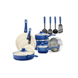 GreenLife 16 Piece Nonstick Cookware Set, Soft Grip Non-Toxic PFAS-Free Ceramic Pots & Pans, Dishwasher & Oven Safe, Frying, Sauce, Saute, Utensils, Glass Lids, Stay-Cool Handles, Wobble Free, Blue