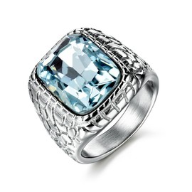 MASOP Cool Stainless Steel Mens Ring Size 8 with Blue Cubic Zirconia Rhinestone Statement Jewelry Ring