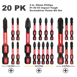 Geinxurn Anti-Slip Hex PH1/PH2/PH3 Insert Driver Bits 20 Pack 2 in. Impact Tough Magnetic Screwdriver Bits Set, 1/4 Inch Hex Shank Phillips Cross Screwdriver Bits Set