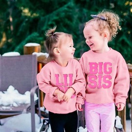 IZYJOY Big Sister Sweatshirts Toddler Baby Glitter BIG SIS Chenille Patch Letter Tops Little Girl Crewneck Pullover Outfit(BIG SIS Pink, 3-4T)