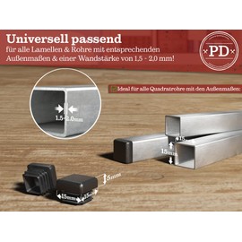 PD Lamellar Plugs 15 x 15 mm for Square Tube (External Dimensions) Square End Caps Made of PE Plastic Pipe Plugs for Pipe Cover of Metal Pipe and Aluminium Profile Square Plugs Black Pack of 4