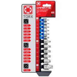 CARBYNE Super Short Torx Bit Socket Set, 12 Pieces | T-10 to T-60 Sizes, S2 Steel, Corrosion Resistance, Strong & Durable, Internal Square Drive and External Hex Drive | 1/4'', 3/8'' & 1/2'' Drive