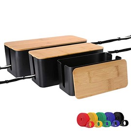 Cable Management Organizer Box, Large Storage Bamboo Lid Wires Concealer Holder for Desk, Home, Kitchen, TV, Computer, Ideal to Cover Hide Tidy Surge Protector Power Strips & Cord (3 Pack, Black)