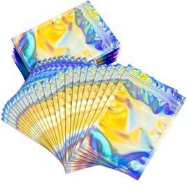 100 Pcs Smell Proof Mylar Bags 2.7x3.9Inch Resealable Foil Pouch Holographic Zip Bags Packaging Pouch Bag with Clear Window for Food Storage Small Business Eyelash Lipgloss Jewelry Electronics Storage