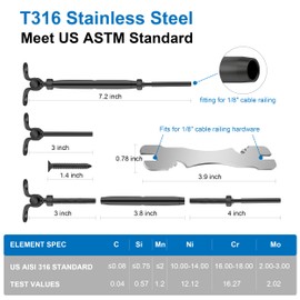 10 Pairs Black Cable Railing Kit 1/8" Swage Toggle Turnbuckle Black Cable Railing Hardware T316 Stainless Steel for Wood Post Woodblack Cable Railing System Angle 180° Adjustable Stairs