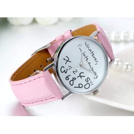 Unisex Female Women Ladies Girls Whatever, I'm Late Anyway Love Gift Leather Strap Watches Quartz Wrist Watch (Pink)
