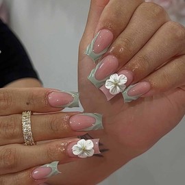 IMRAIN Medium Press on Nails Square Green French Tip Fake Nails with 3D White Flower Designs Full Cover Glossy Squoval False Nails Glue on Nails Summer Acrylic Nail Supplies Stick on Nails