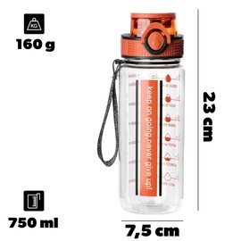 KADAX Water Bottle 750 ml, Leak-Proof Water Bottle Made of BPA-Free Tritan, Reusable Sports Bottle with Flip Lid, Carry Handle and Time Marking (Orange)