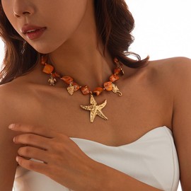 CRUSH CR Chunky Pearl Necklace&Bracelet for Women Beach Starfish Shell Boho Statement Jewelry Vacation Freshwater Pearl Choker Summer Coastal Accessories (Style2 Necklace Orange)