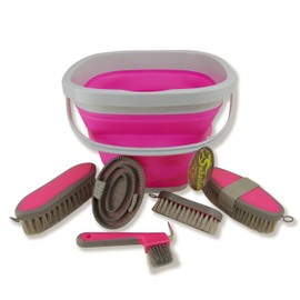 Collapsible Grooming Kit 10 Liter Bucket and 5 Grooming Tools by Southwestern Equine (Pink)