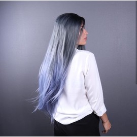 kalisa Blue Lace Front Wig Long Straight Ombre Blue Dark Roots Lace Wig Middle Part Blue Purple Mix Color Wigs for Women Heat Resistant Fiber Makeup Synthetic Wig 24 Inches