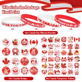 Konsait 68 PCS Happy Canada Day Patriotic Party Favors Set, Canada Day Accessories Includes Canadian Tattoos, Maple leaf Rubber Wristbands, Canadian Pins Badge Red and White Patriotic Party Supplies