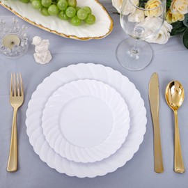 U-QE 100 Pieces White Plastic Plates - Premium Heavy Duty Plastic Plates for Wedding and Party Use Including 50PCS 9 '' Plastic Dinner Plates & 50PCS 6.5 '' Plastic Dessert Plates