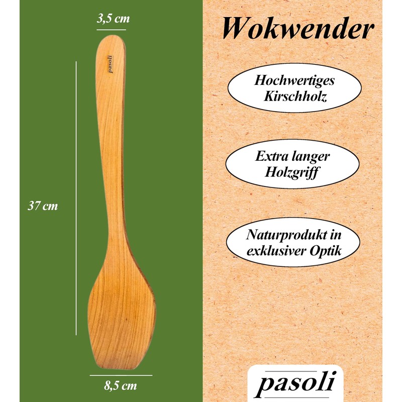 pasoli Wok Turner, Cherry Wood, 37 cm, Anti-Bacterial, Spatula