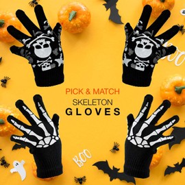 Basic Sense 2 Pairs Skeleton Skull Full Finger Gloves Kids Teens Fancy Costume Accessory Winter Sports Warm Knit Glove