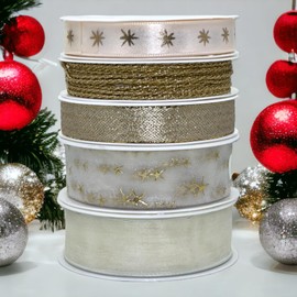 Set of Curling Ribbon, Polyribbon, Gift Ribbon, Gift Bows for Crafts and Packaging, Glossy and Matt Assorted (Champagne, 5 Rolls of Ribbon, 3 m each)