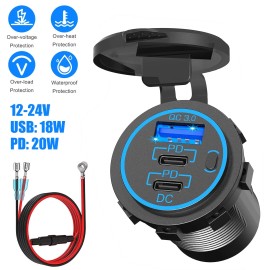 Universal 12V-24V USB C Fast Car Charger 3Port PD & QC3.0 Outlet Socket for Boat RV Marine