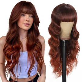 Pelucas Auburn Con Flequillo, Larga, Rizada Y Ondulada Para Mujer, Peluca Sintética Marrón Rojiza Natural Para Uso Diario En Fiestas, 26 Pulgadas