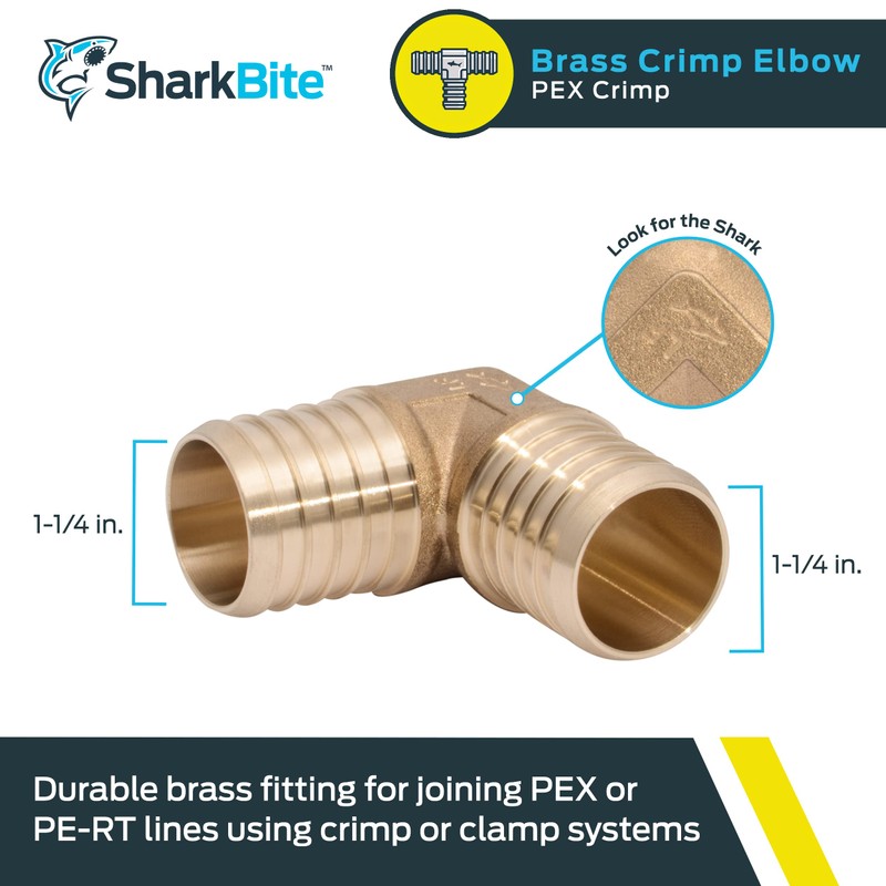 SharkBite 1-1/4 Inch Crimp 90 Degree Elbow, Brass Plumbing Fitting,