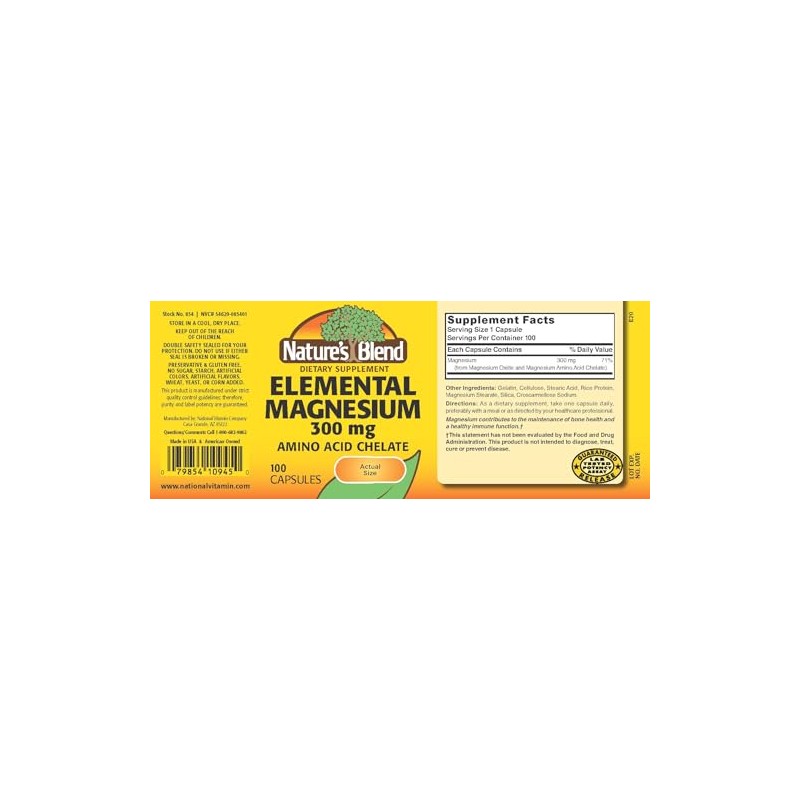 Nature's Blend Elemental Magnesium Amino Acid Chelate 300 mg, 100