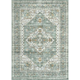 befbee 8x10 Area Rugs for Living Room, Stain Resistant Neutral Washable Rugs for Dining Room, Floral Vintage Non-Slip Thin Large Size Area Rug （Green）