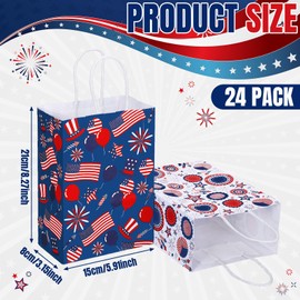 Glenmal 24 Pcs 4th of July Gift Bags with Handle Patriotic Red Blue White Gift Bags American Flag Paper Bags Candy Treat Goodie Bags Gift Wrapping for Memorial Day Independence Day Party Favor