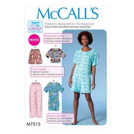 McCall Patterns Miss Petite Sleeve Top and Dress, and Pull-On Shorts and Pants