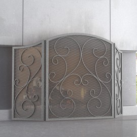 Fire Beauty Fireplace Screen 3 Panel Wrought Iron Metal 48"(L) x30(H) Spark Guard Cover(Pewter)
