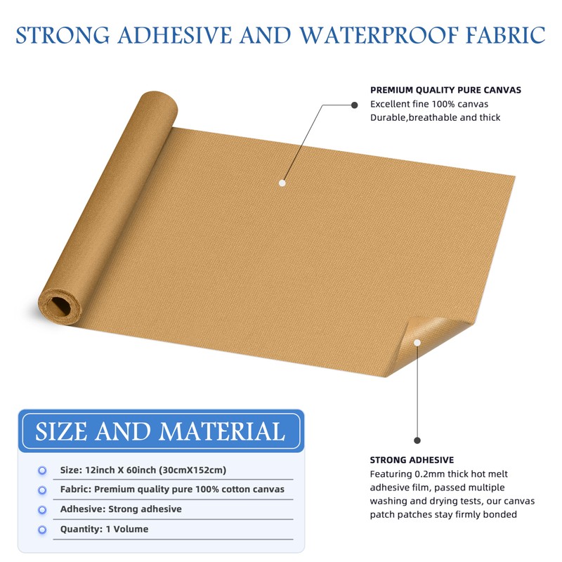 KING MOUNTAIN Canvas Iron on Patch,12"×60",Waterproof 100% Cotton Fabric Repair