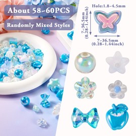 Beadthoven 100G Assorted Acrylic Beads Set Cute Flower Bow Butterfly Round Beads Bulk Pastel Candy Color Acrylic Kawaii Aesthetic Beads for Bracelets Jewelry Making Necklace Keychain DIY Supplies Blue