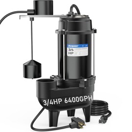 Acquaer Sewage Pump Submersible Water Pump with Automatic Float Switch, for Sump Basin, Residential Sewage, Black, 2'' NPT 3/4 HP 6400 GPH Vert. Float