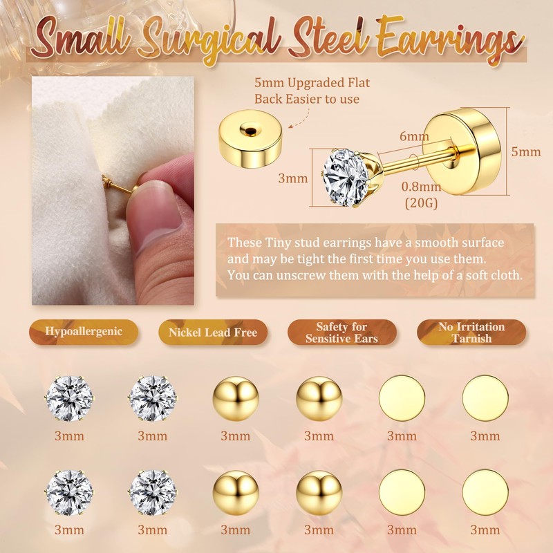JeweBella 18 Pairs Tiny Stud Earrings for Women Men Flat