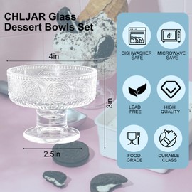 7.5OZ Glass Dessert Bowls/Cups, Set of 6 - Elegant Clear Glass Bowls for Ice Cream, Sundae, Fruit, Salad, Snack & Cocktail - Perfect for Home Use, Weddings, Parties & Special Occasions