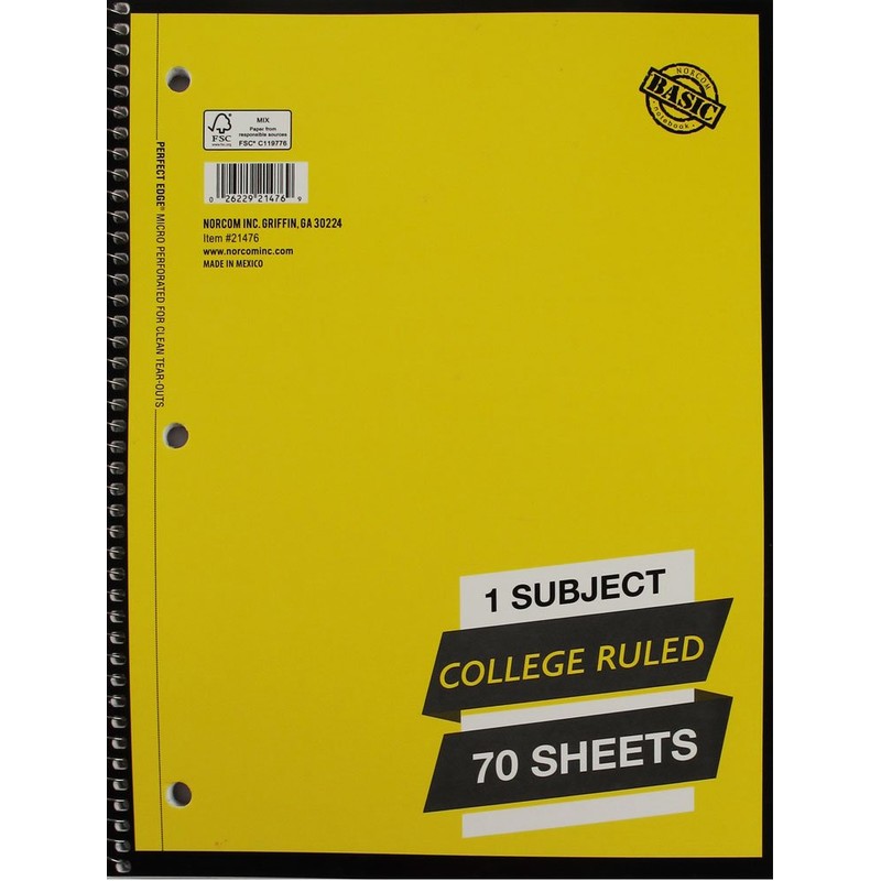 1 Subject College Ruled Spiral Notebook Solid Colors Perforated Edge