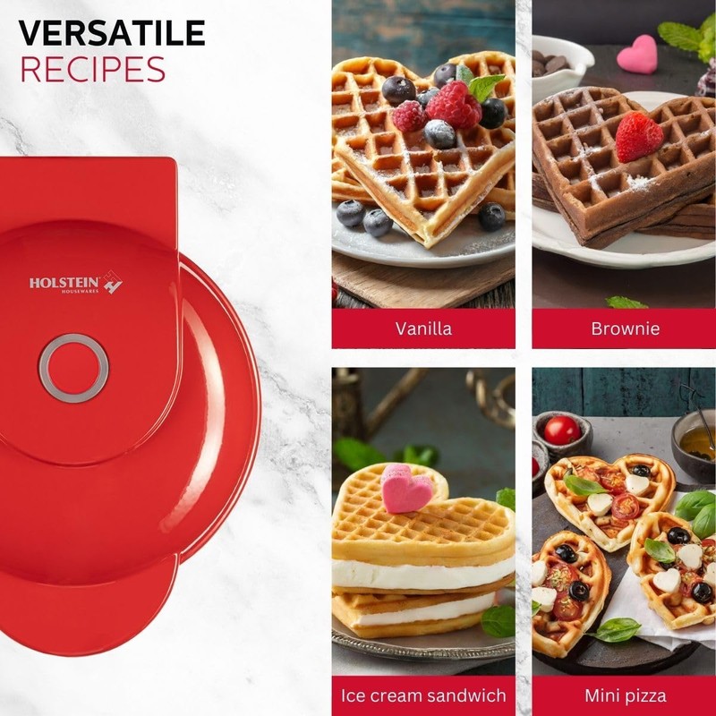 Holstein Housewares Personal Non-Stick Heart Waffle Maker, Red - 4-inch