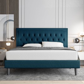 Allewie Queen Size Bed Frame Upholstered Platform Bed with Adjustable Headboard, Button Tufted, Wood Slat Support, Easy Assembly, Blue