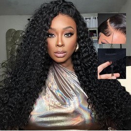 Goulus 7x6 Water Wave Glueless Wigs Human Hair Pre Plucked Pre Cut 250% Density Drawstring Wigs for Black Women 7x6 HD Lace Closure Wigs Wear and Go Natural Color #1B 22 Inch