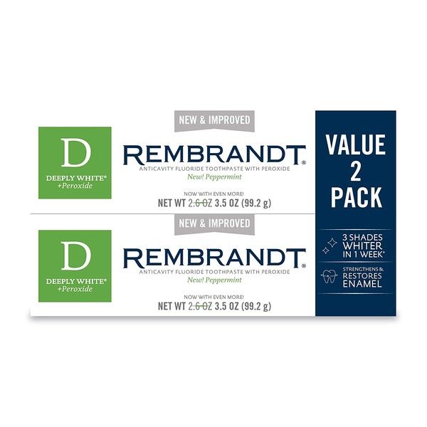 Rembrandt Deeply White + Peroxide Whitening Toothpaste, Peppermint Flavor, 3.5-Ounce (2 Pack) (Packaging may Vary)
