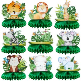Winlyn 9 Pcs Jungle Safari Animals Honeycomb Table Centerpieces Tiger Lion Giraffe Hippo Tropical Leaves for Boys Girls Baby Showers Wild Forest Theme Birthday Party Nursery Classrooms Decorations