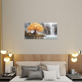 Tree Wall Art for Bedroom, Waterfall Canvas Wall Decor for Living Room, Black and Gold Picture Print, Size 40x20 Inches