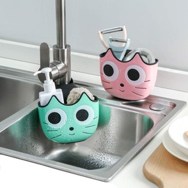QTMY - Juego de 2 esponjas para gato con hebilla, soporte para llave de fregadero para colgar, cepillo para polvo de jabón, organizador de computadora para cocina, baño, color rosa y verde
