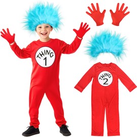 iZoeL Thing 1 and Thing 2 Costume Boys Girls Jumpsuit Thing 1 Thing 2 Wig World Book Day Costumes Kids 2025 Book Wbd Fancy Dress Ideas for Child Thing One Thing Two Costume Kids Dress-Up