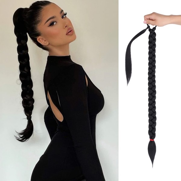 26 Inch Long Braided Ponytail Extension,Elastic Tie Straight Sleek Wrap