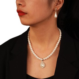 YERTTER Vintage Pearl Choker Necklace Earrings Set Drop Charm Pendant Choker Strand Pearl Choker Statement Collar Neck Gift for Her (E)