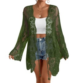 Bsubseach Womens Bathing Suit Cover Up 2025 Army Green Sheer Lace Cardigan Long Sleeve Kimono Swimsuit Cover Up Back Cut Out Beachwear