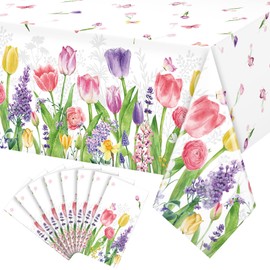 8 Pack Spring Summer Lavender Tulip Plastic Tablecloth, Blooming Floral Disposable Table Cloth, Watercolor Seasonal Holiday Table Cover for Easter Picnic Spring Summer Party Decorations, 54 x 108 Inch