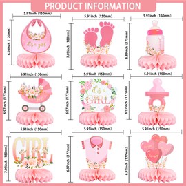 Gyufise 9Pcs Pink Baby Shower Decorations Honeycomb Centerpieces for Girls Floral It's a Girl Gender Reveal Table Centerpiece Party Supplies Baby Girl Pregnancy Announcement Table Topper