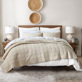 HORIMOTE HOME 100% Cotton Quilt King Size Beige Bedspread, Pre-Washed 3-Piece Cozy Lightweight Stitching Decorative Bedding Cover Coverlet Set with 2 Shams in Geometric Pattern for All Season