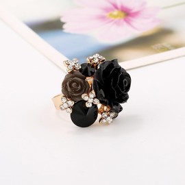 CZ Black Flower Gemstone Statement Ring for Women Girls Gold Plated Cubic Zirconia Resin Rose Flowers Adjustable Expandable Open Band Wrap Finger Rings Comfort Fit Birthday Party Wedding Jewelry Gift, Metal, cu